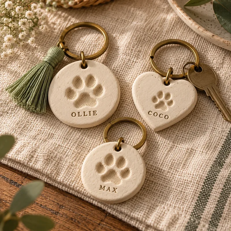 Small clay paw print keychain with a pet's name
