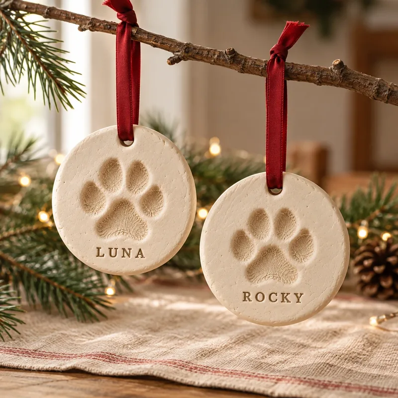 Clay paw print Christmas ornament with a red ribbon