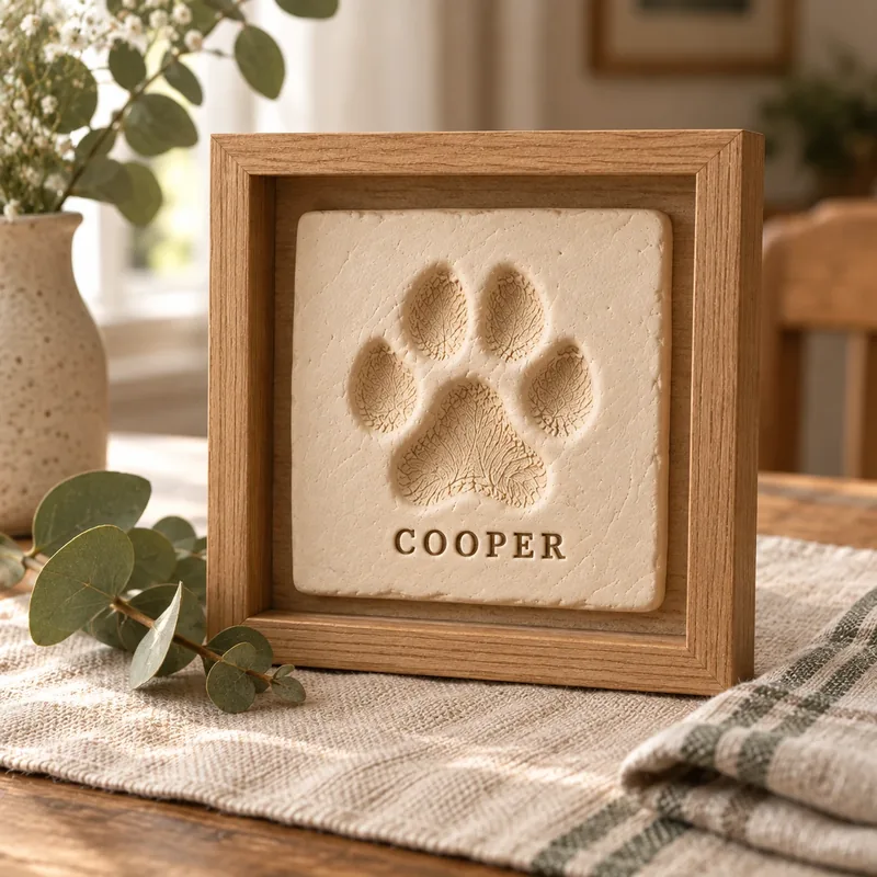 Framed clay paw print plaque with the pet's name