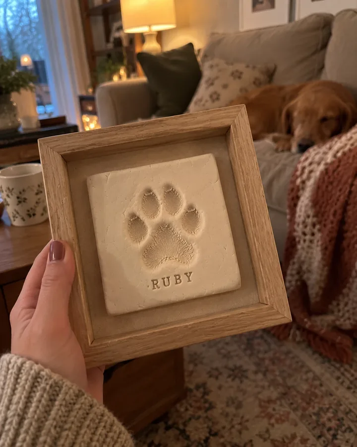 Framed clay paw print plaque with a dog's name