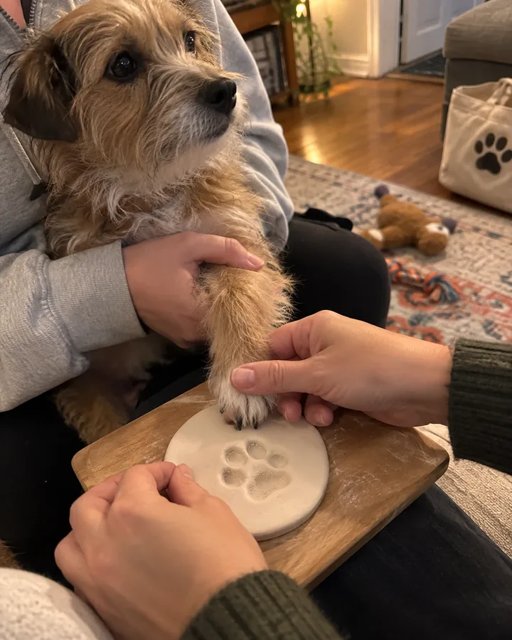Owner holding a small dog while its paw is pressed into clay